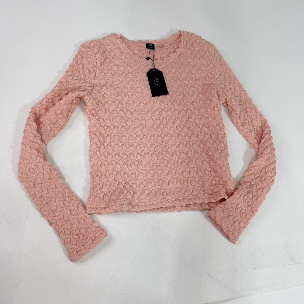 Aleeza Paris Shirt Womens XS Coral Milk Pop Top Crinkle Long Sleeve Stretch